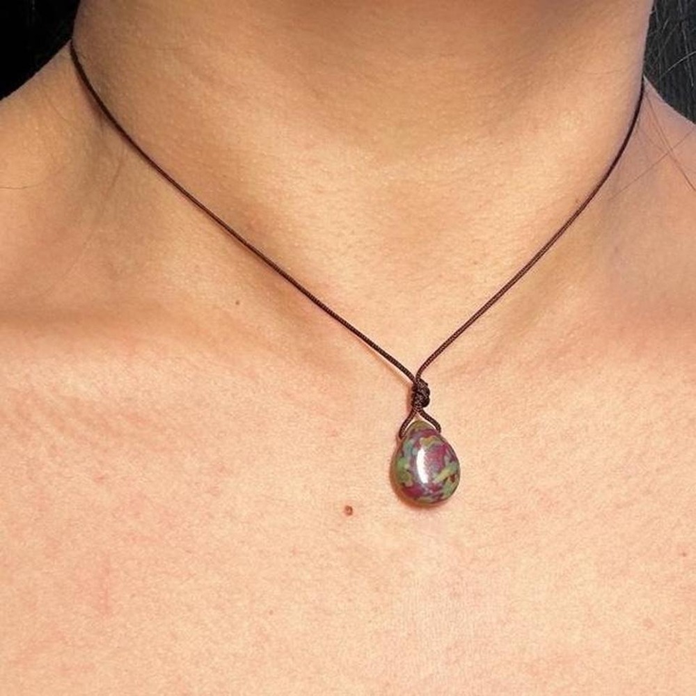 Handmade Red Picasso Czech Glass Drop Necklace Boho Adjustable Brown Layering